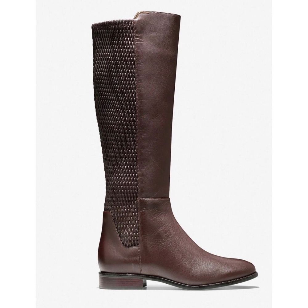 Cole Haan Rockland Brown Leather‎ Woven Stretch Back Tall Riding Boots Size 6